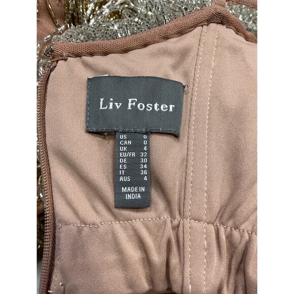 Liv Foster 'Beaded' Gold Scoop Neck Fringe Gown Size 0 - Picture 4 of 5